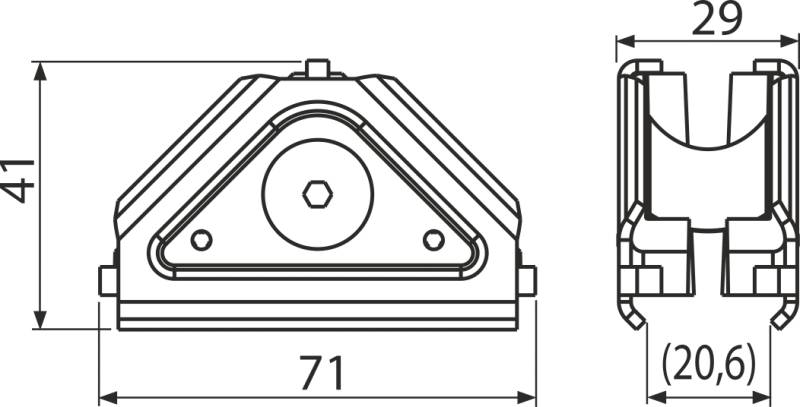 Technische Zeichnung einer mechanischen Halterung mit Vorder- und Seitenansicht mit den Abmessungen 71 mm Breite, 41 mm Höhe, 29 mm Tiefe und 20,6 mm innere Breite.