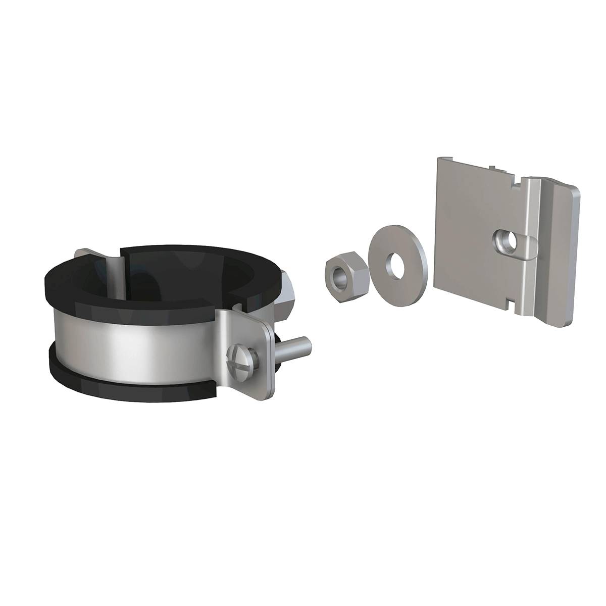 Metallrohrschelle mit separater Halterung, Unterlegscheibe und Schraube in Explosionsdarstellung auf schwarzem Hintergrund dargestellt.