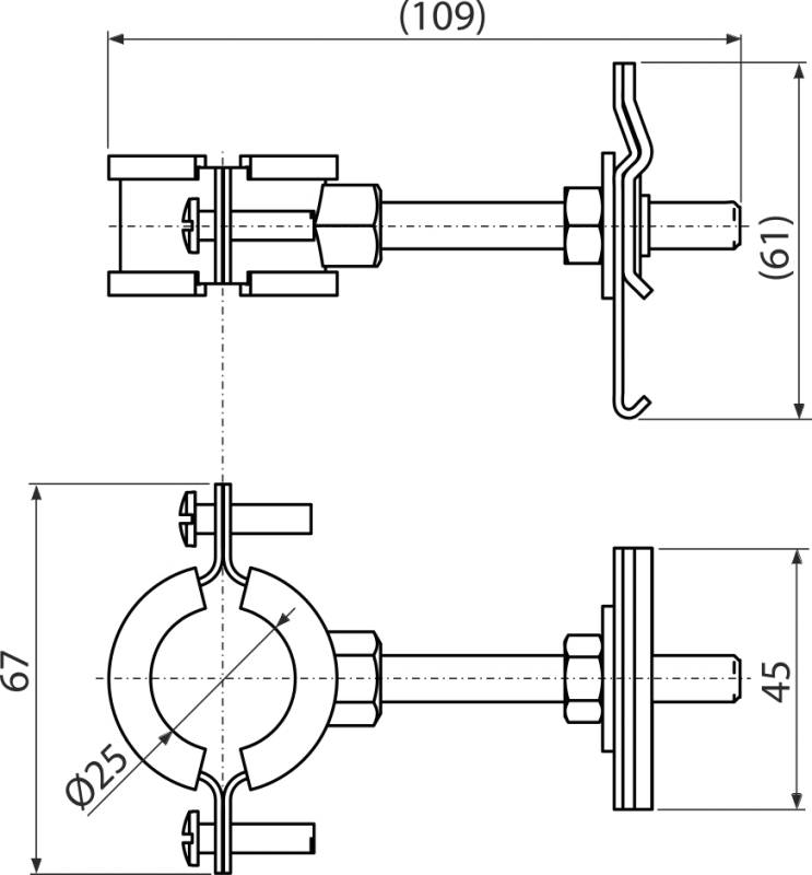 Technische CAD-Zeichnung einer Klemmenbaugruppe mit Seiten- und Draufsicht, mit Abmessungen 109, 61, 67, 45 und einem Durchmesser von 25 mm.