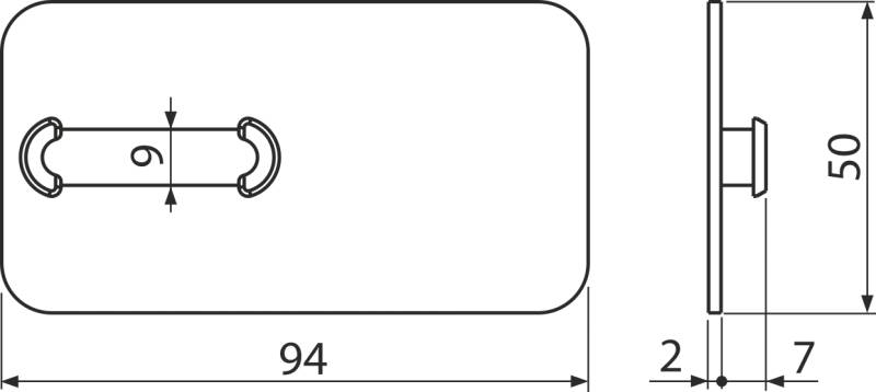 Technische Maßzeichnung einer abgerundeten rechteckigen Griffplatte mit zwei Endhaken, bezeichnet mit 94 mm Breite, 50 mm Höhe und 2/7 mm Seitendimensionen.