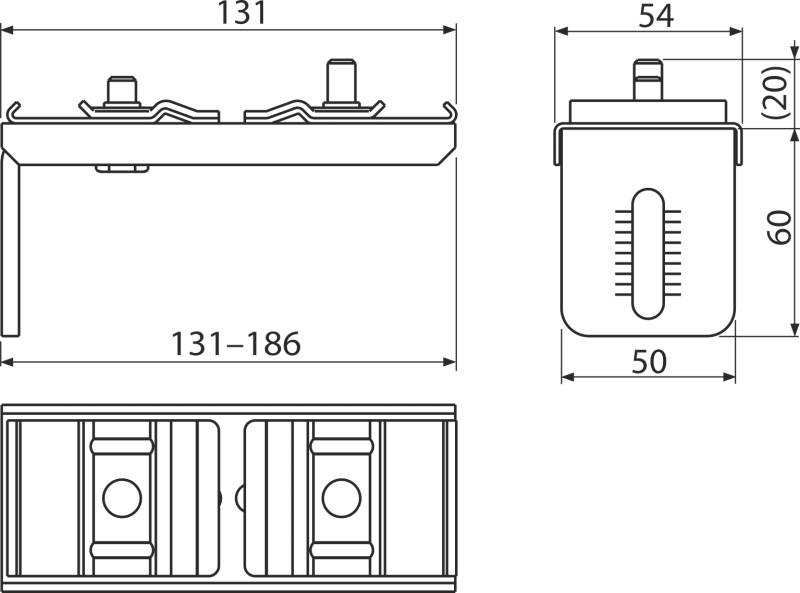Technische Zeichnung einer rechteckigen elektrischen Komponente, dargestellt in Seiten-, Vorder- und Draufsicht mit Abmessungen 131-186 mm Breite, 54 mm Tiefe und 60 mm Höhe.