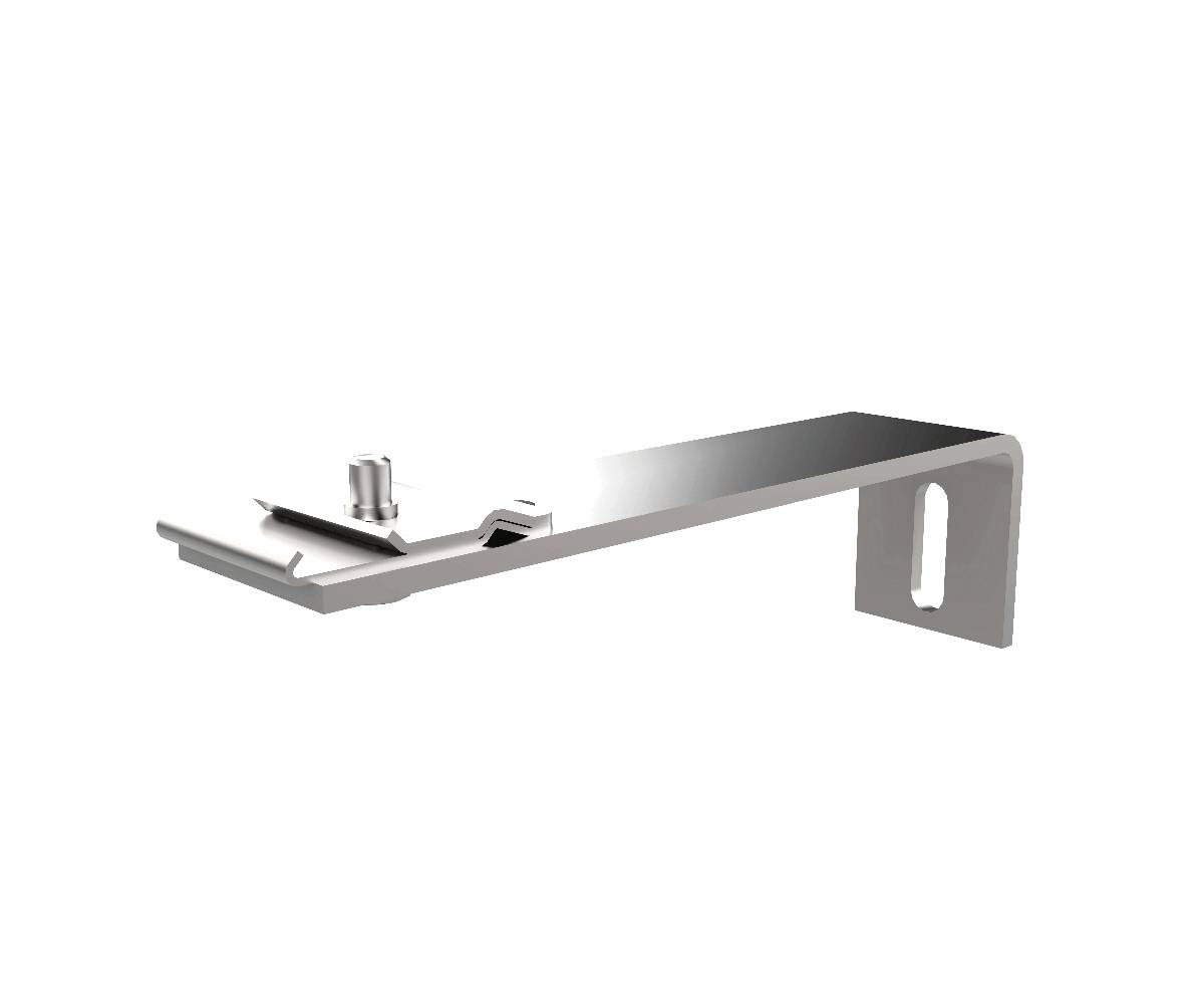 Silbernes Metallmontagehalter mit flacher Oberseite, vorderer Lippe und Schlitzloch an der Seite, isoliert auf schwarzem Hintergrund dargestellt.