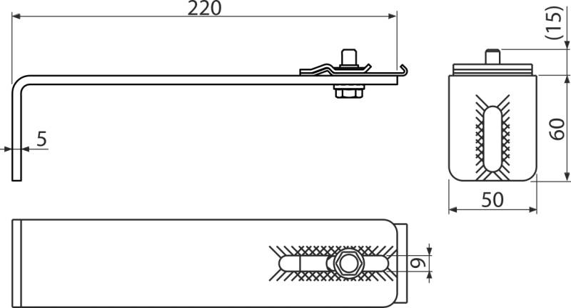 Technische Zeichnung einer U-förmigen Metallhalterung mit Abmessungen: 220 mm lang, 60 mm hoch, 50 mm breit und 5 mm Stärke, dargestellt in Seiten-, Front- und Schnittansichten.