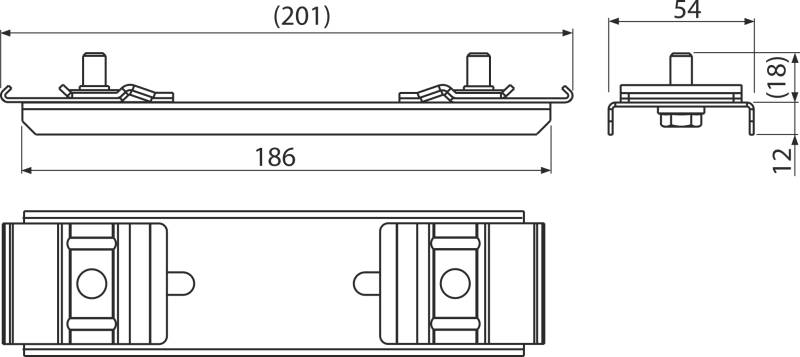 Technische CAD-Zeichnung eines rechteckigen Geräts, dargestellt in Draufsicht, Seitenansicht und Endansicht mit beschrifteten Abmessungen 201, 186, 54, 18 und 12.