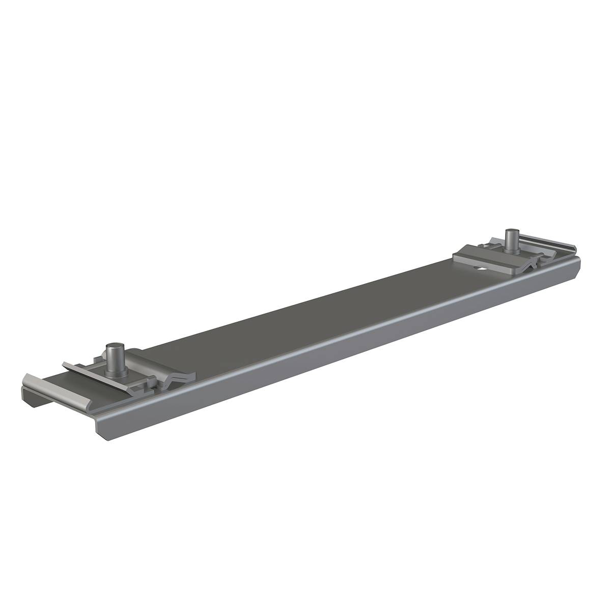 3D-gerenderter langer grauer rechteckiger Metallbalken mit Montageklammern an beiden Enden auf schwarzem Hintergrund.