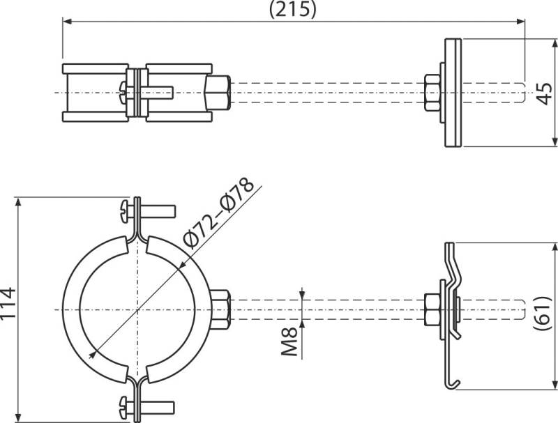 Technische CAD-Zeichnung einer mechanischen Wellengruppe mit Seiten- und Draufsicht, die ein kreisförmiges Gehäuse, Stangen, Halterungen und Bemaßungslinien zeigt.