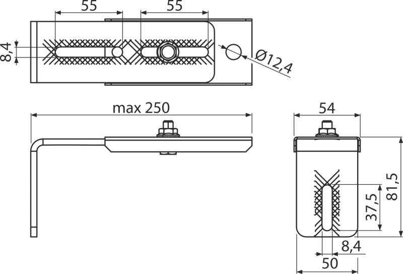 Technische CAD-Zeichnung einer Metallhalterung oder eines Griffs mit Draufsicht, Seitenansicht und Endansicht mit Maßen einschließlich max. 250, 54, 55, Ø12,4, 81,5, 50, 37,5 und 8,4.