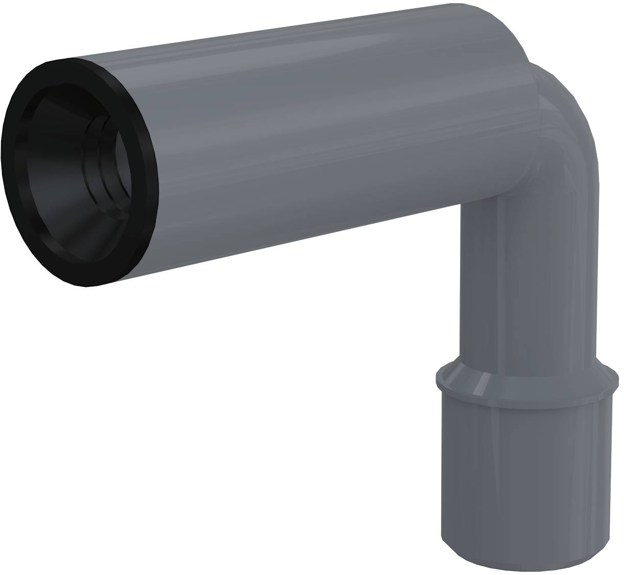 Graues L-förmiges PVC-Rohrfitting mit schwarzer Innenauskleidung, auf einem einfachen Hintergrund dargestellt.