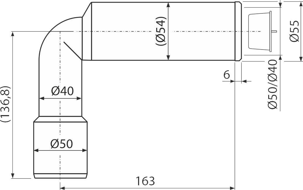 Technische Strichzeichnung einer L-förmigen Rohr- oder Kanalverbindung mit beschrifteten Durchmesser- und Längendimensionen, einschließlich einer Gesamtlänge von 163 mm und den Messungen Ø40, Ø50, Ø54 und Ø55.