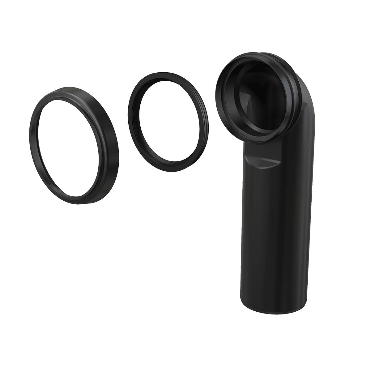 Schwarzer zylindrischer Adapter mit abgerundeter Oberseite, daneben zwei separate kreisförmige Ringe auf schwarzem Hintergrund dargestellt.