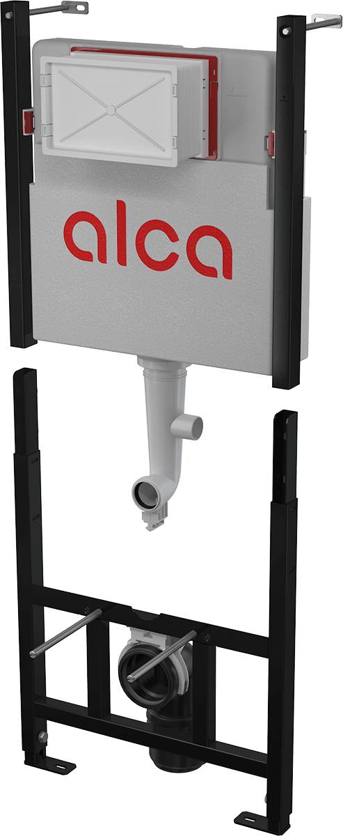 Wandmontierter verdeckter Toilettenspeicher mit schwarzem Stahlrahmen und rotem „alca
