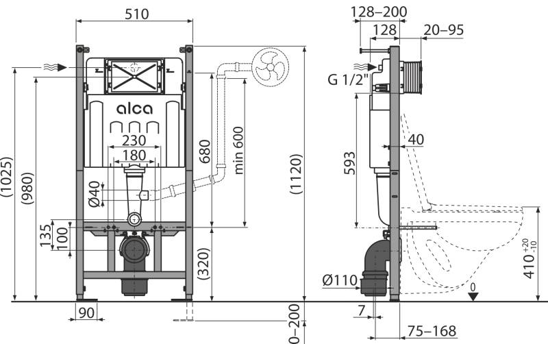 Technisches Sanitärdiagramm zeigt Front- und Seitenansichten eines verdeckten Wandhänge-WC-Rahmens mit Tank, Rohranschlüssen und beschrifteten Abmessungen.