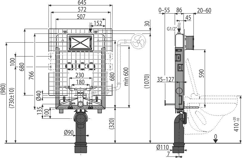 Technische Bauzeichnung einer Toiletteninstallation, zeigt Vorder- und Seitenansichten mit Abmessungen, Rohranschlüssen und Freiraummessungen.
