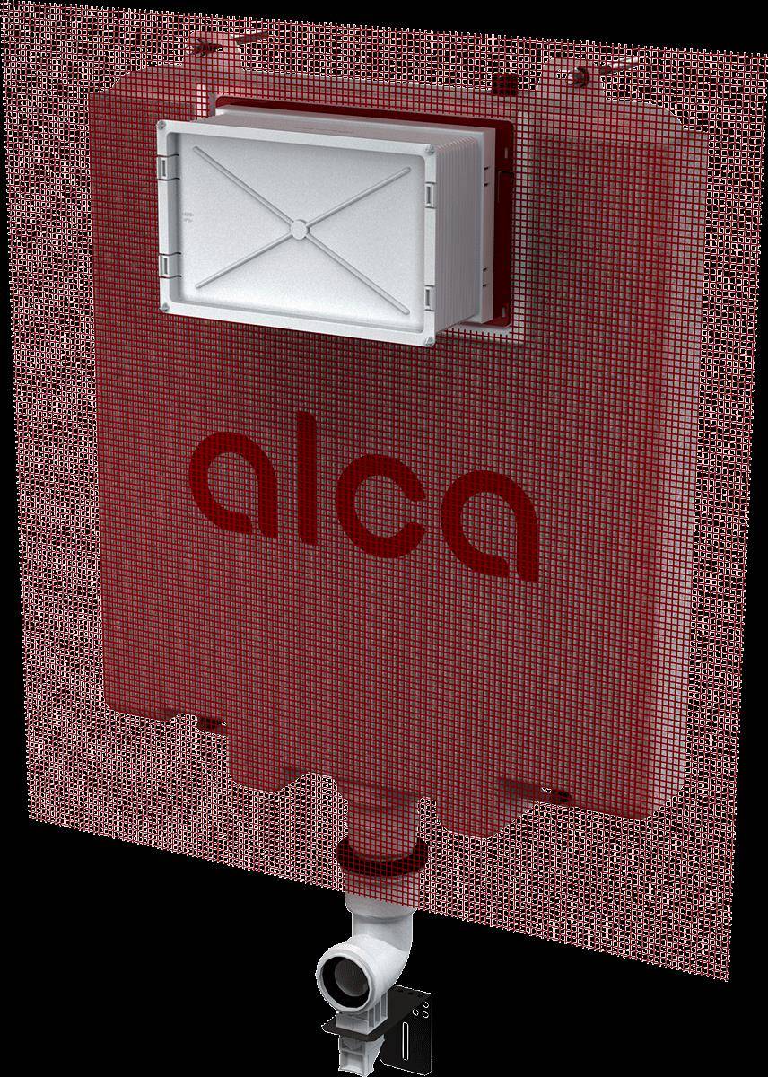 Rotes Alca Unterputz-Spülkasten mit Frontbetätigung und Bodenabgang.