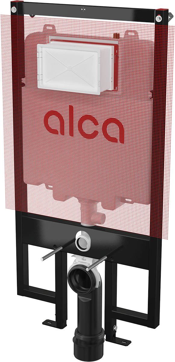 Alca verborgener Toilettenspülkasten mit roten Maschenpanel, weißer Spülplatte und schwarzer Montagestruktur für die Wandmontage von Hängetoiletten