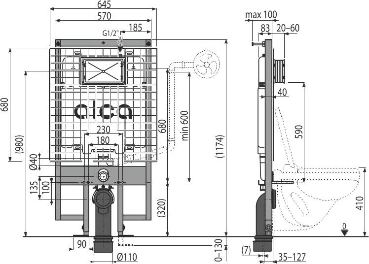 Technische Konstruktionszeichnung einer wandmontierten Toiletteninstallation mit Vorder- und Seitenansicht, Abmessungen, Rohrleitungsverbindungen und Details des Spülmechanismus.