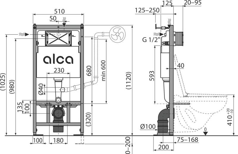 Technische Ingenieurzeichnung einer Toilettenarmatur, mit Vorder- und Seitenansicht, detaillierten Abmessungen und Installationsmessungen.