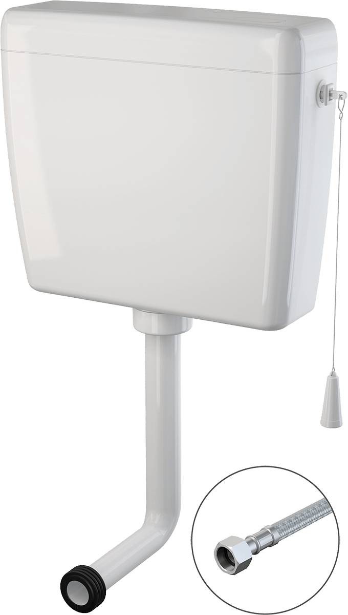 Weiße Toilettenspülkasten mit seitlichem Spülzug-Zuggriff, gezeigt mit einer Nahaufnahme der Anschlussarmatur.