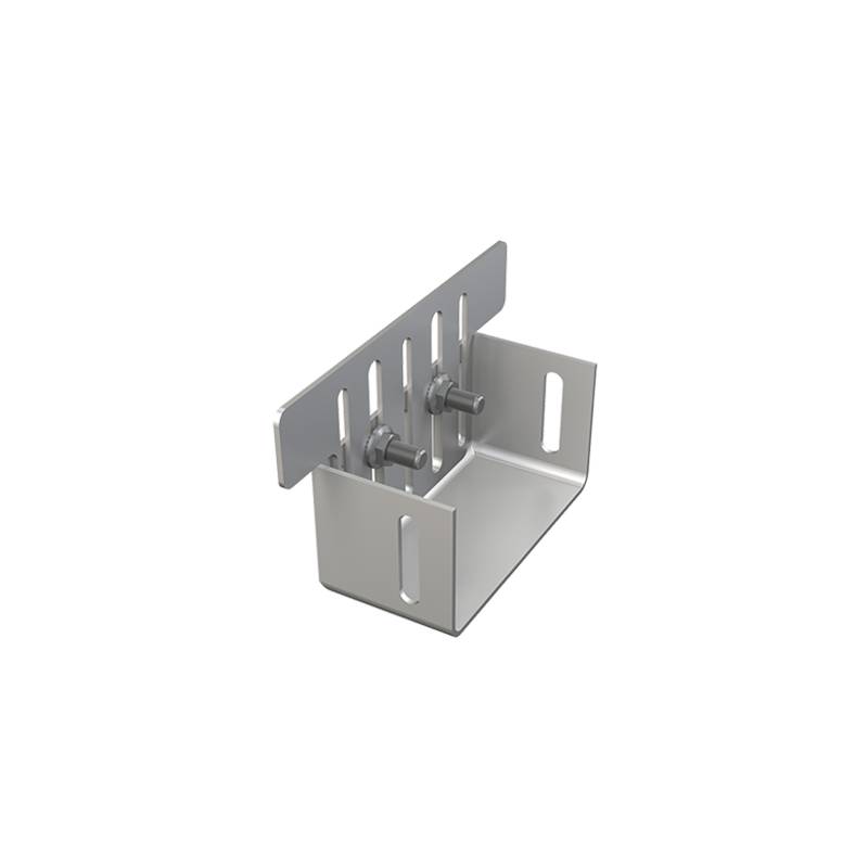 Graues Metall-Montagebracket mit verstellbaren Schlitzlöchern und zwei Bolzen, isoliert auf schwarzem Hintergrund dargestellt.