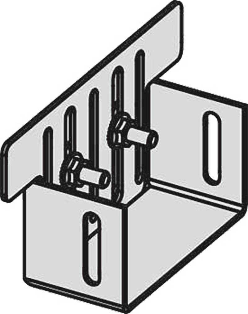 Weißmetall-Eckwinkel mit Schlitzlöchern und zwei Bolzen, dargestellt in einer isometrischen technischen Illustration.