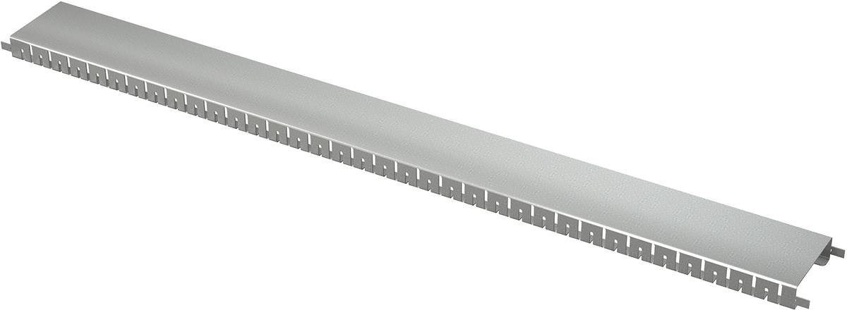 Lange graue Metallschiene oder -träger mit gleichmäßig verteilten Perforationen und Kerben auf der Unterseite, diagonal auf schwarzem Hintergrund dargestellt.
