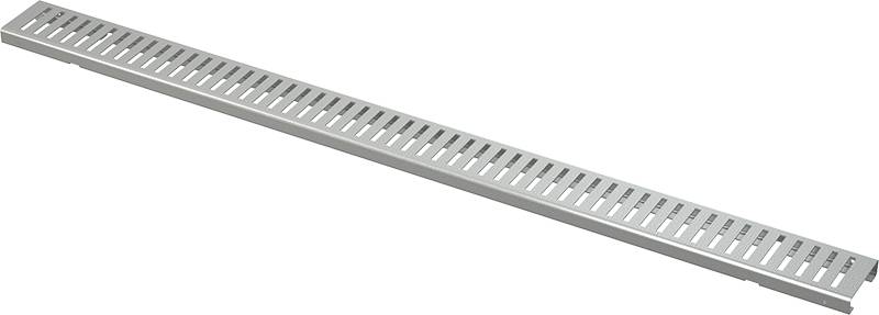 Ein langer silberner linearer Bodenablaufgitter mit Schlitzöffnungen, diagonal auf schwarzem Hintergrund dargestellt.