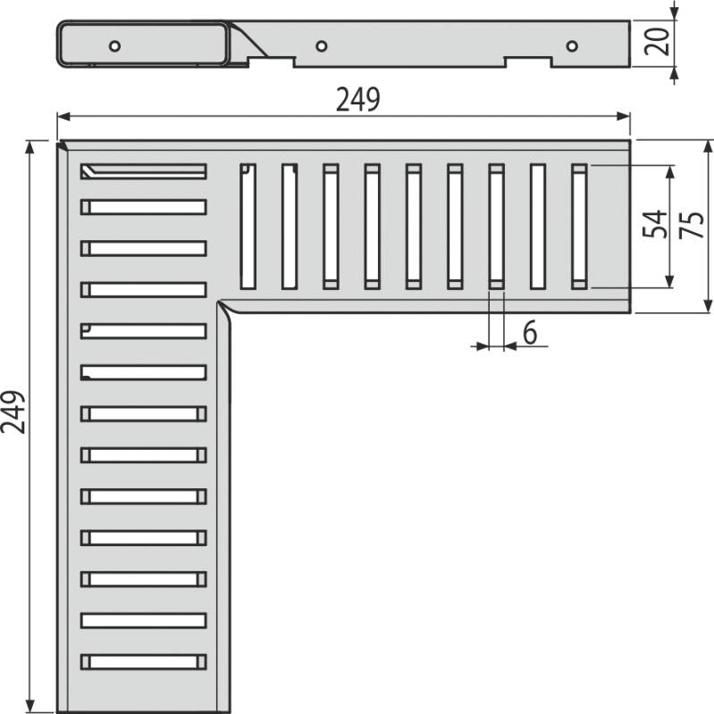 Technische Zeichnung einer L-förmigen Metallhalterung oder Abdeckplatte mit Schlitzen, mit Abmessungen von 249 mm x 249 mm, 75 mm Höhe und 20 mm Dicke.