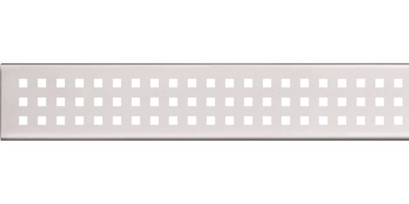 Ein weißes rechteckiges Panel mit drei Reihen von gleichmäßig verteilten schwarzen quadratischen Löchern, wie ein perforiertes Gitter oder eine Lüftungsabdeckung.