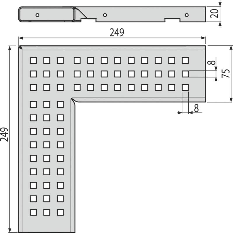 Technische Zeichnung einer L-förmigen Lochblechwinkel mit Dimensionsbeschriftungen, einschließlich 249 mm Längen und 75 mm Breite.