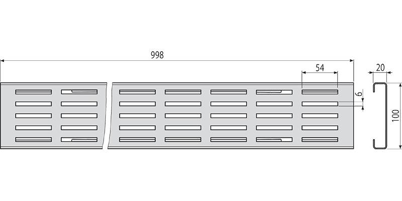 Technische Zeichnung eines rechteckigen belüfteten Panels mit horizontalen Lamellen, dargestellt in Vorderansicht mit Bemaßungslinien und Messwerten.