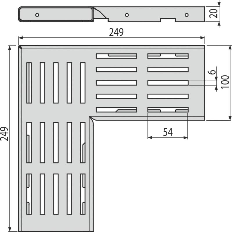 Technische Zeichnung einer L-förmigen Metallhalterung mit Schlitzlüftungen, mit den Abmessungen 249 x 249 mm, Breite 100 mm, Tiefe 54 mm und Stärke 20 mm.