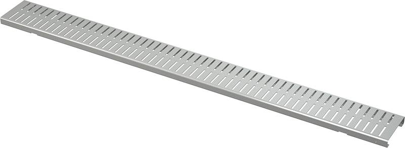 Ein langes rechteckiges Metallbodenablauf-Gitter mit Schlitzöffnungen, diagonal auf schwarzem Hintergrund dargestellt.