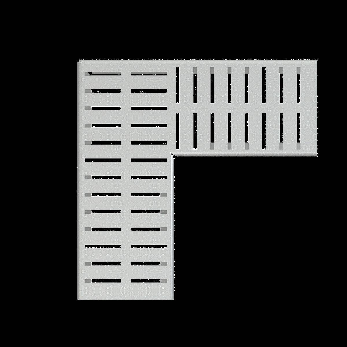 L-förmiges perforiertes Metall-Lüftungspanel mit gleichmäßig verteilten Schlitzen auf schwarzem Hintergrund.