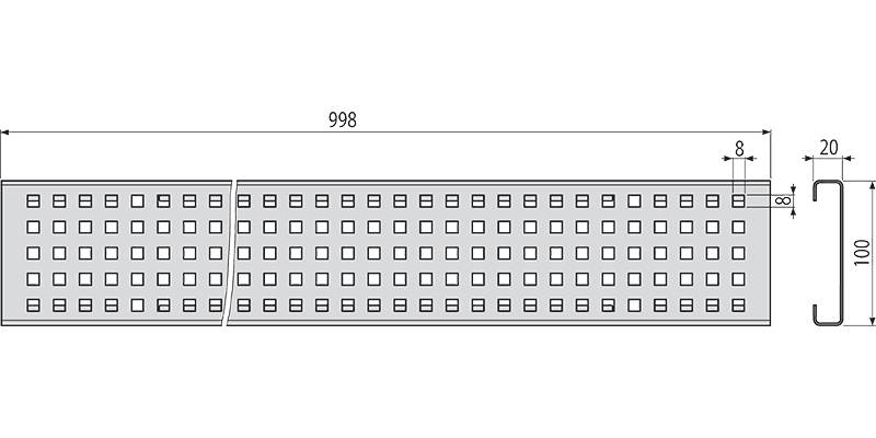 Technische Zeichnung eines langen rechteckigen Panels mit einem Gitter von quadratischen Ausschnitten, Bemaßungslinien und Seitenansichtsmessungen auf schwarzem Hintergrund.