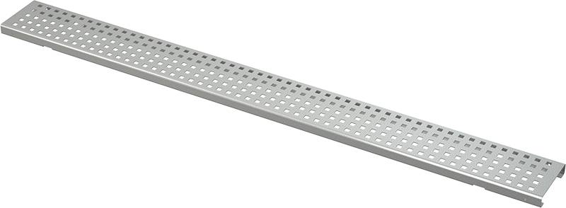 Ein langes silbernes Metallperforiertes Band oder Belüftungsgitter, das diagonal auf schwarzem Hintergrund angezeigt wird.