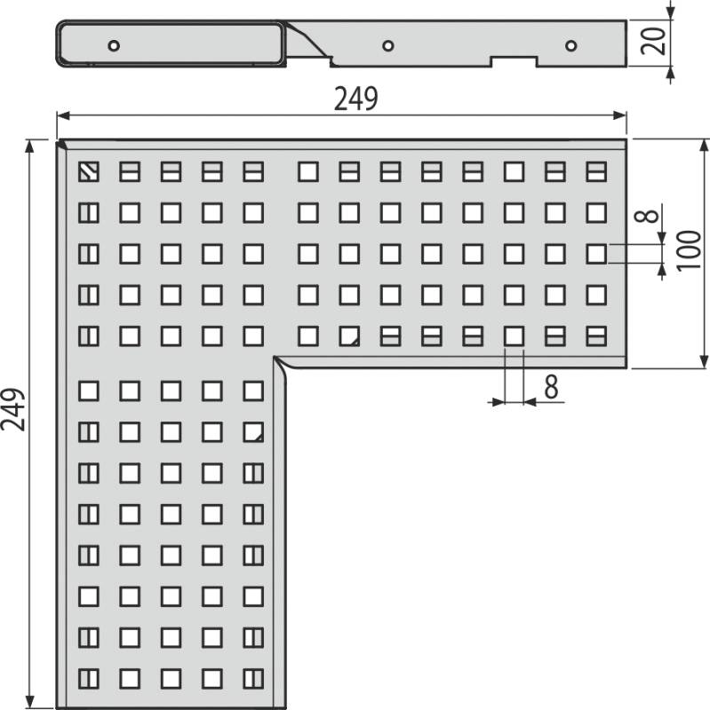 Technische Zeichnung mit Maßstab eines L-förmigen perforierten Metallwinkels, mit Draufsicht und Vorderansicht sowie den Abmessungen 249, 249, 100, 20, 8 und 81.