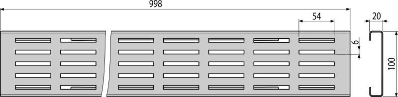 Technische Zeichnung eines rechteckigen belüfteten Panels mit mehreren Reihen horizontaler Schlitze, dargestellt in nebeneinander angeordneten Abschnitten mit Abmessungen und Beschriftungen.