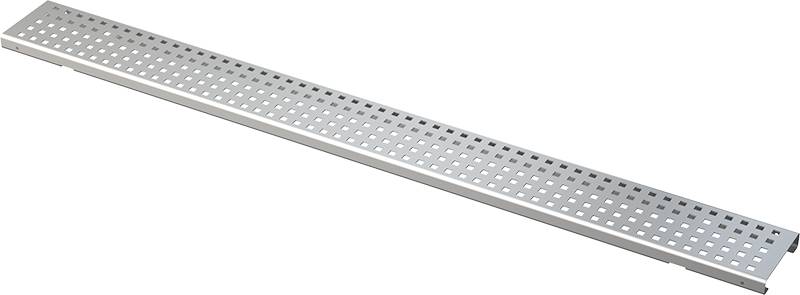 Langer perforierter Metallstreifen oder Gitterplatte, diagonal auf schwarzem Hintergrund dargestellt.
