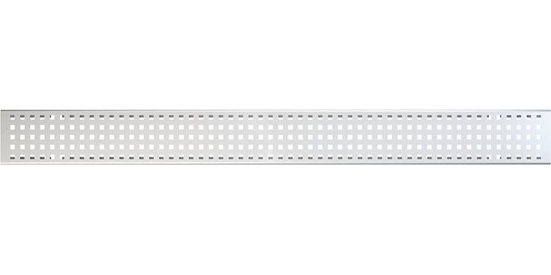 Weiß perforierter Metallstreifen mit vielen gleichmäßig verteilten quadratischen Löchern, horizontal auf schwarzem Hintergrund dargestellt.