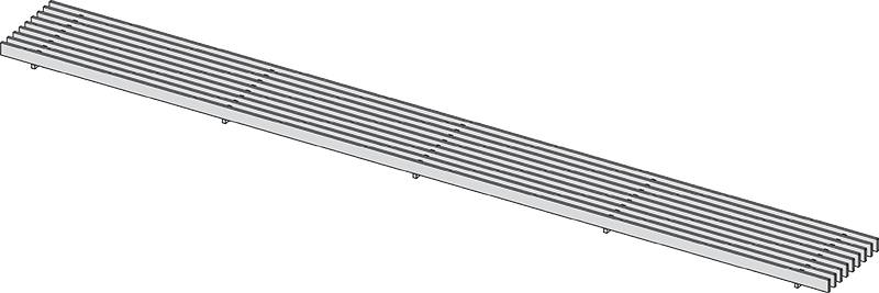 Lange silberne Metalllamellen oder Stäbe in paralleler Anordnung, diagonal auf schwarzem Hintergrund angeordnet.