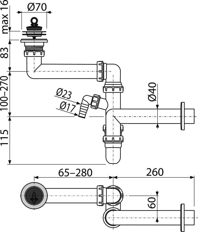 Technisches Rohrleitungsschema mit einer Rohrwinkelbaugruppe mit Ventilen und Flanschen, beschriftet mit Abmessungen wie 070, 260 und 65-280.