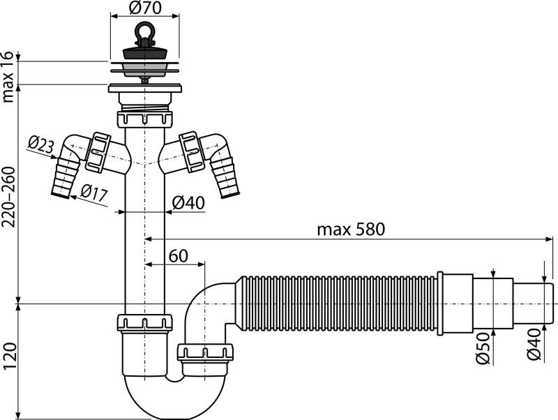 Technisches Sanitärschema mit einer L-förmigen Rohrbaugruppe mit flexiblem Wellschlauch, Armaturen und Abmessungen einschließlich max. 530 und 840.