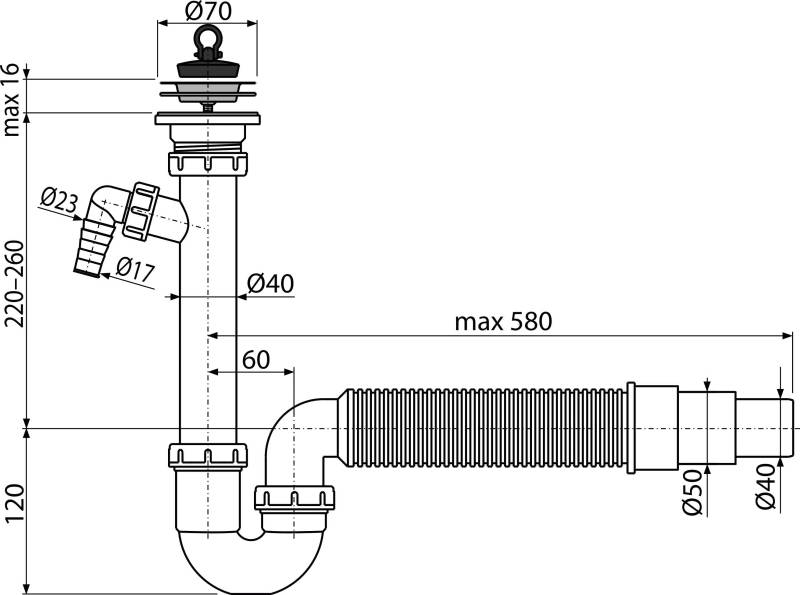 Technische Strichzeichnung einer Sanitärinstallation mit vertikalem Rohr, Ventil, Bogen und Wellschlauch; enthält Abmessungen wie max. 580 und 120.