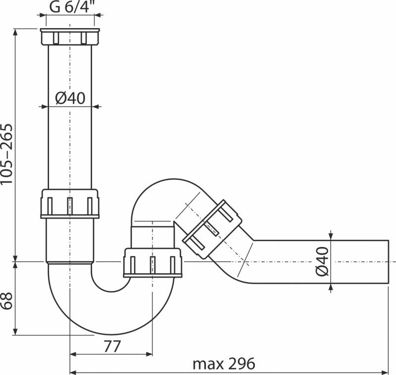 Technische Zeichnung einer Entwässerungsanlage mit einem senkrechten Rohr, einem U-förmigen Siphon und einem abgewinkelten Verbindungsstück mit beschrifteten Abmessungen.