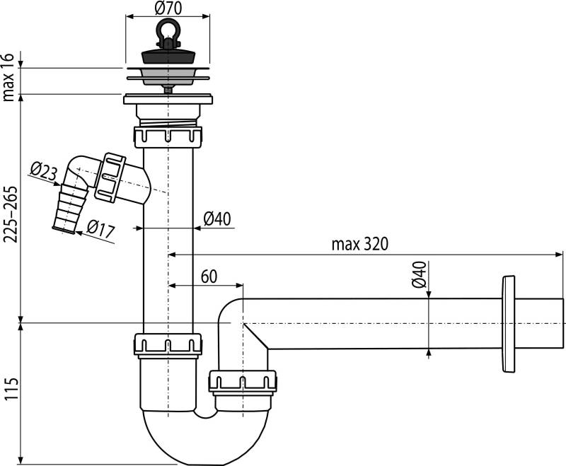 Technisches Sanitärdiagramm mit einer Waschbeckenablaufanlage mit P-Siphon, Reinigungsöffnung, Belüftung und horizontaler Rohrstrecke mit Abmessungen.