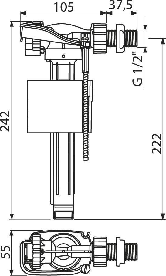 Technische Zeichnung einer mechanischen Baugruppe mit Vorder- und Draufsicht, die einen Motor/Getriebe, eine zentrale Welle und ein großes quadratisches Gehäuse mit Bemaßungslinien zeigt.