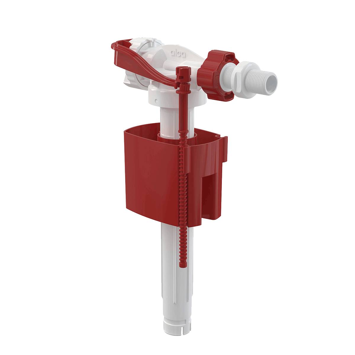 Rotes Toilettenbehälter-Füllventil mit verstellbarem Schwimmer und Gewinde-Einlass, gezeigt auf schwarzem Hintergrund.