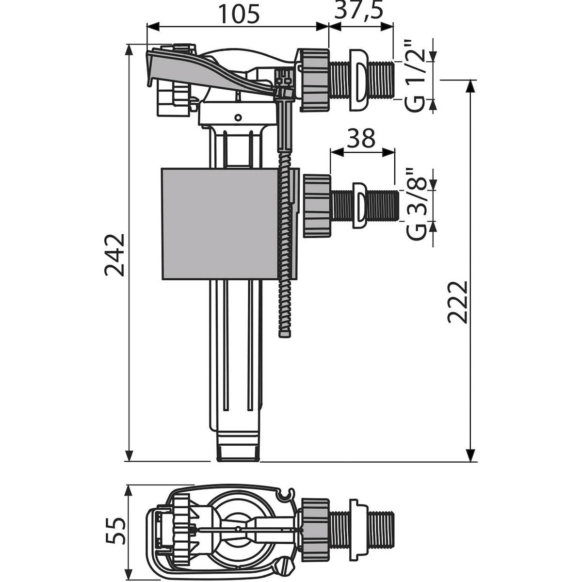 Technische Konstruktionszeichnung mit Seiten- und Vorderansicht einer mechanischen Baugruppe mit Abmessungen und beschrifteten Messwerten.