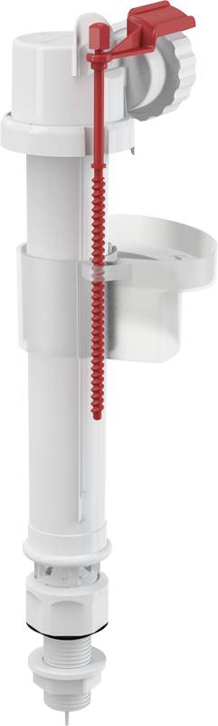Schnittdarstellung eines Toilettentankfüllventils mit Schwimmer und internem roten Nachfüllrohr-Mechanismus.