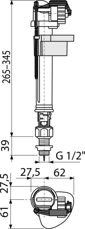 Technische Maßstabzeichnung einer mechanischen Baugruppe in Seiten- und Vorderansicht mit Maßen in Millimetern.